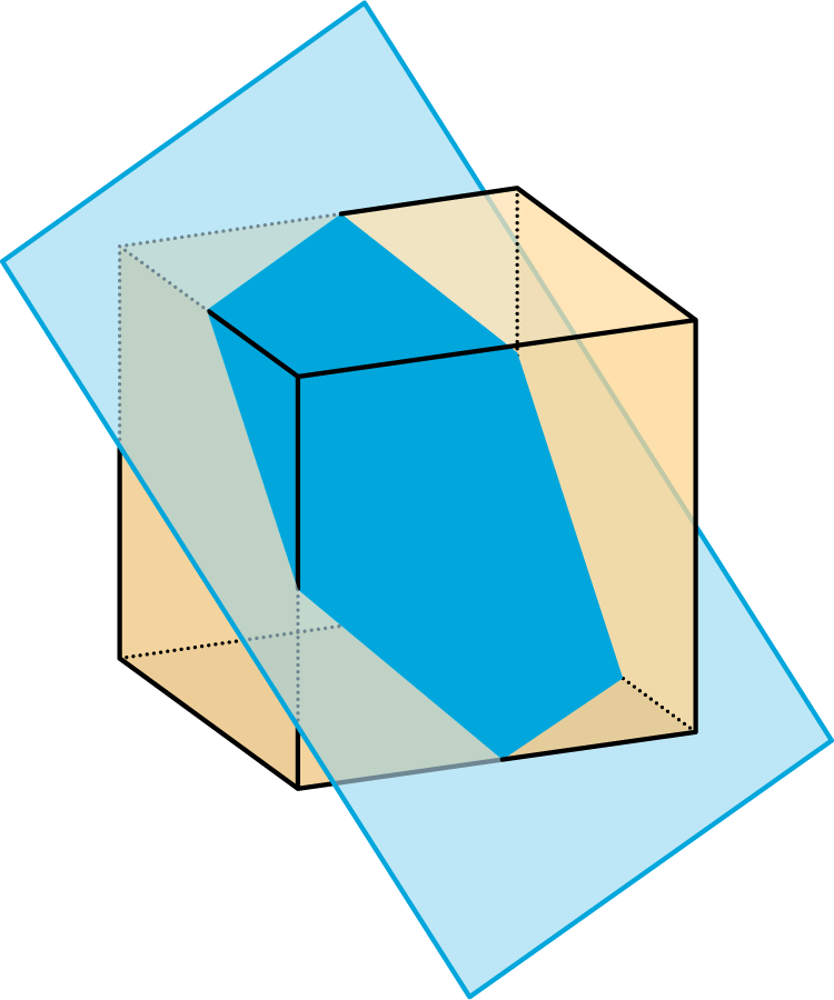 A plane makes a cut through the middle of a cube.