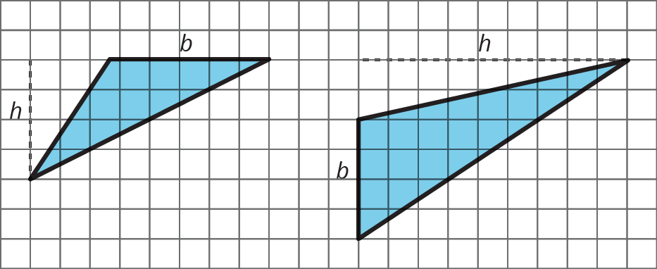 2 triangles on a grid. On left, base= 5 and 1 half, height = 4. On right, base= 4, height = 9.