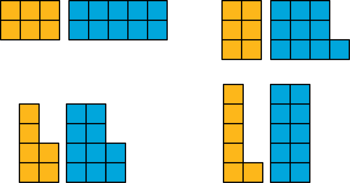 A collection of colored squares, arranged various way. Please ask for additional help.