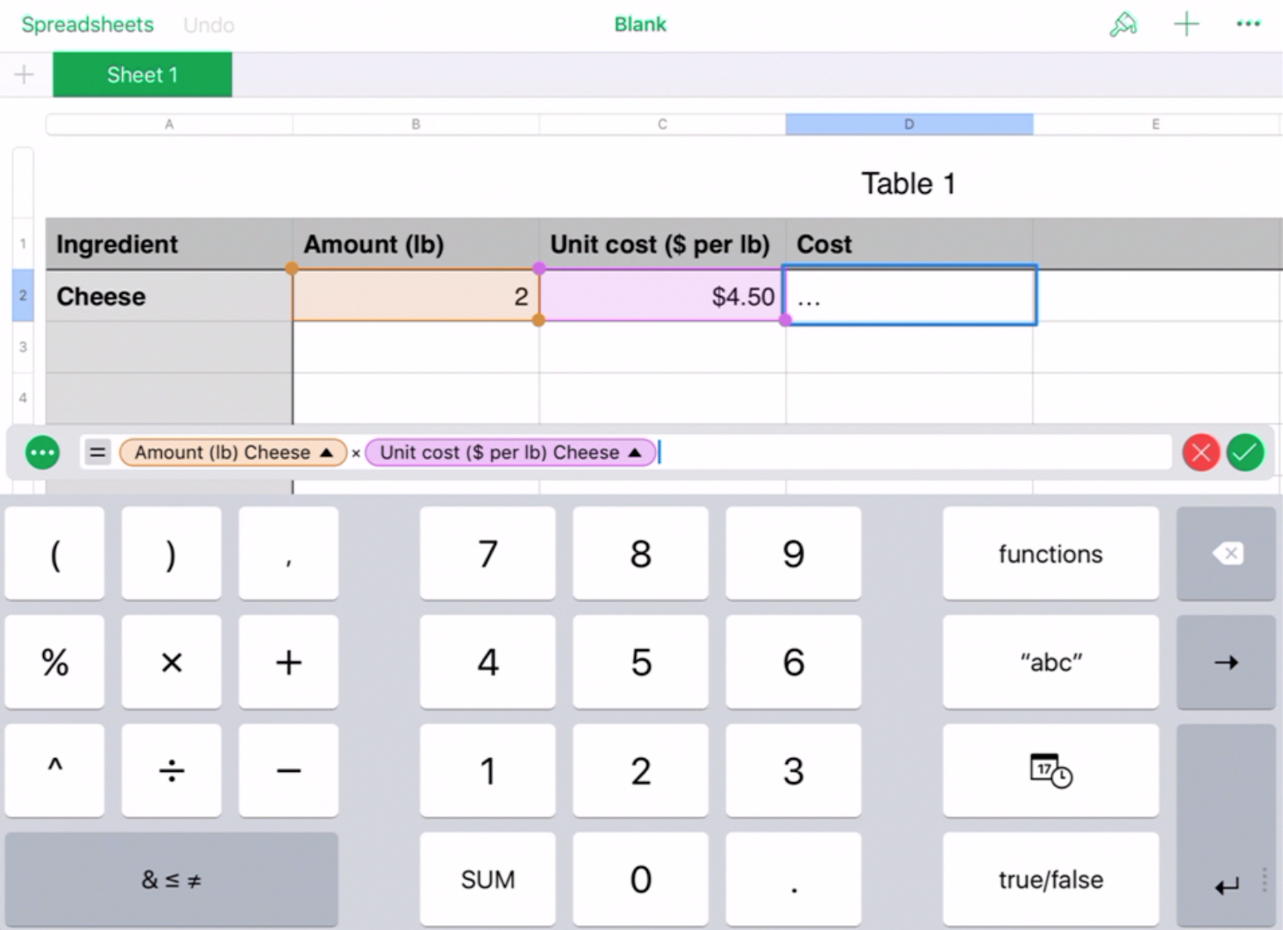 A spreadsheet and a calculator on a tablet.