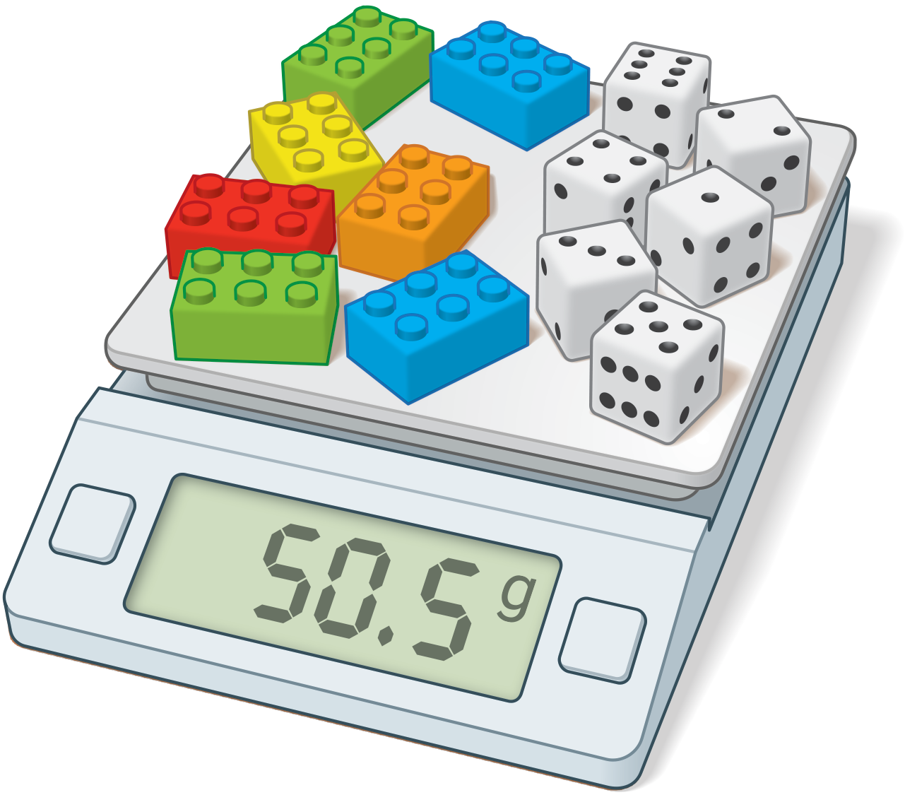 Picture of 7 plastic building blocks and 6 number cubes on a scale, weight 50 point 5 grams.