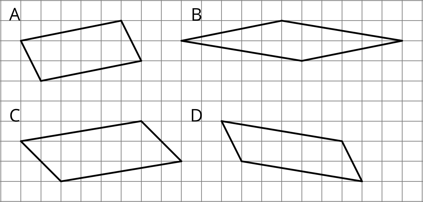 Four parallelograms labeled A, B, C, and D.