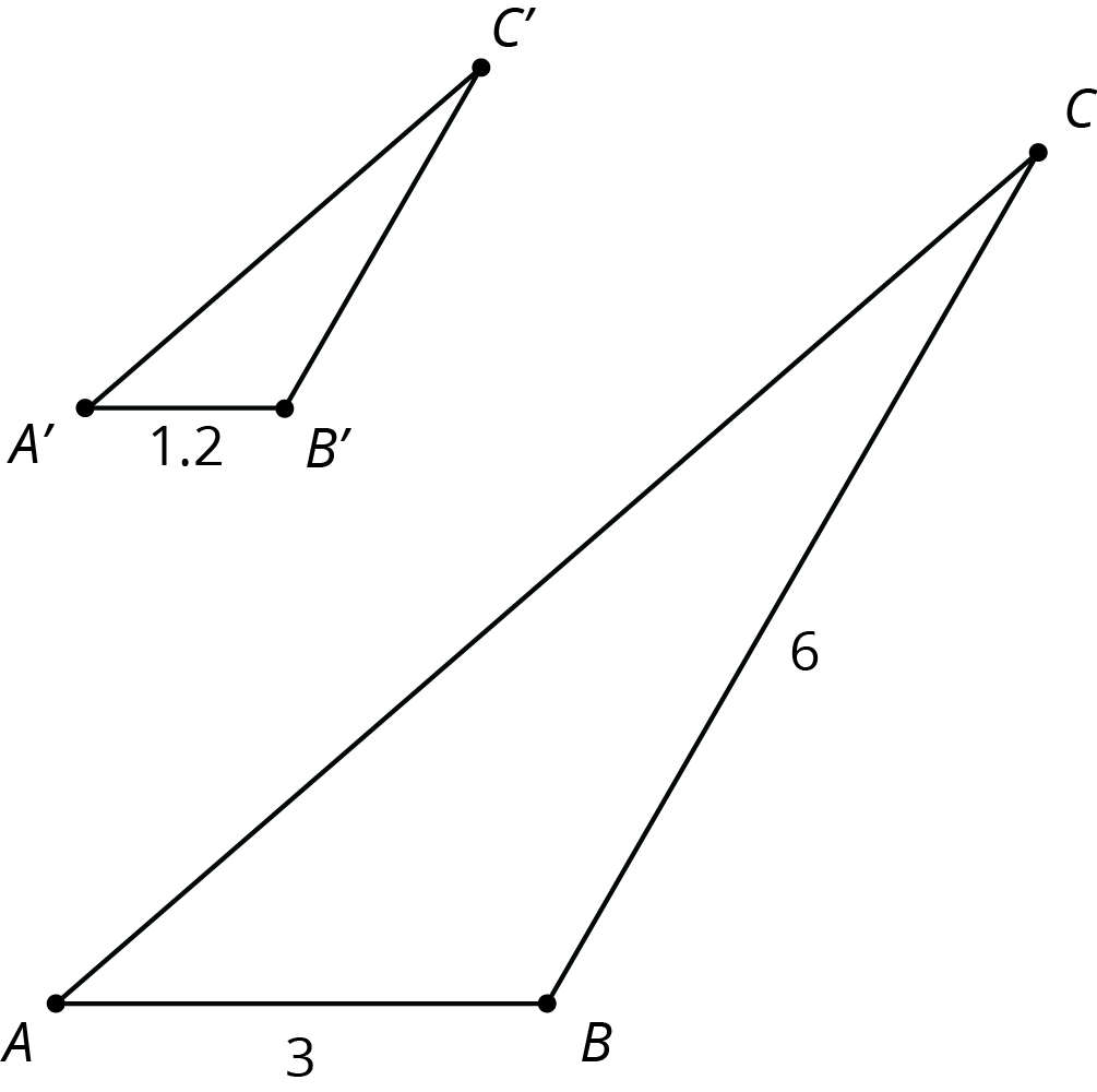 Two triangles. First, A, B C. Length A, B, 3, length B C,6. Second, A, prime B prime C prime. Length A, prime B prime, 1 point 2.