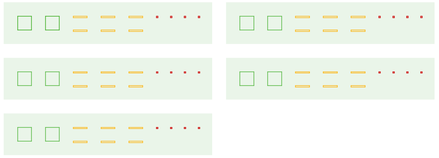 5 groups of 4 squares, 6 small rectangles and 4 small squares.