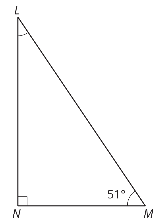 A right triangle L M N. Angle N is 90 degrees, angle M is 51 degrees.