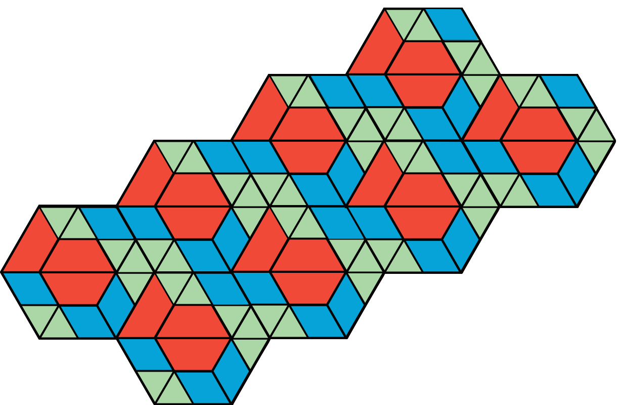 A figure made up of a series of red trapezoids, blue rhombuses, and green triangles arranged into 8 hexagons.