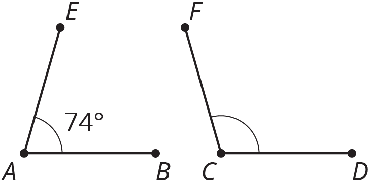 Two angles. Angle A, measure 74 degrees. Angle C, unmarked.