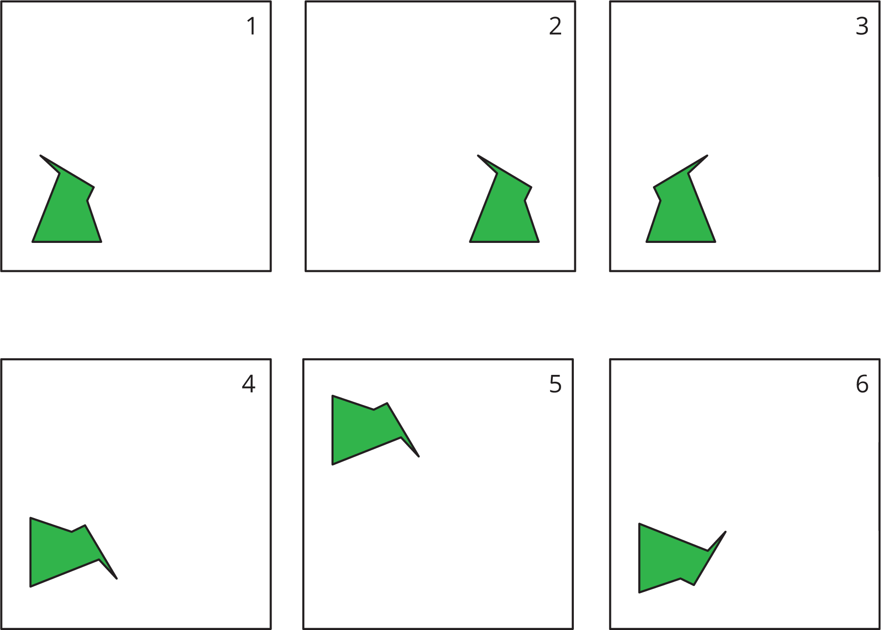 6 panels showing the same figure in different positions and orientations.