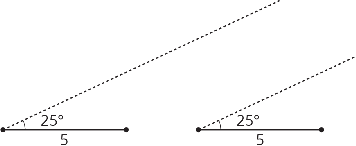 Two images, each a segment with side 5 and a dotted line rising at a 25 degree angle from the segment.