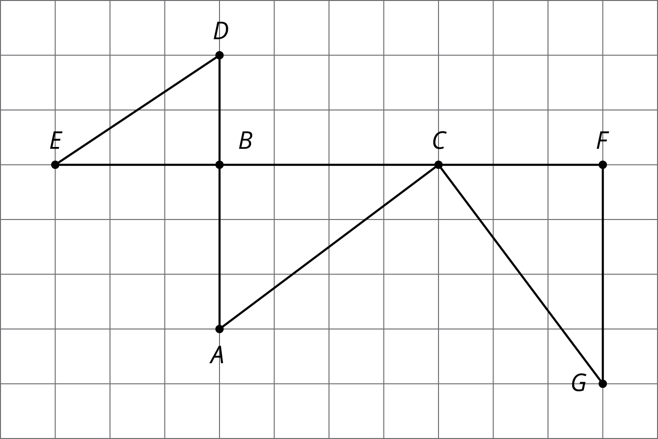 Three triangles \(A\ B\ C, D\ B\ E\ \text{and}\ C\ F\ G\) on a grid.