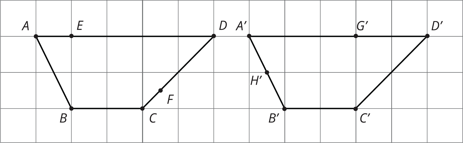 Two trapezoids A B C D and its image A prime B prime C prime D prime on a square grid.