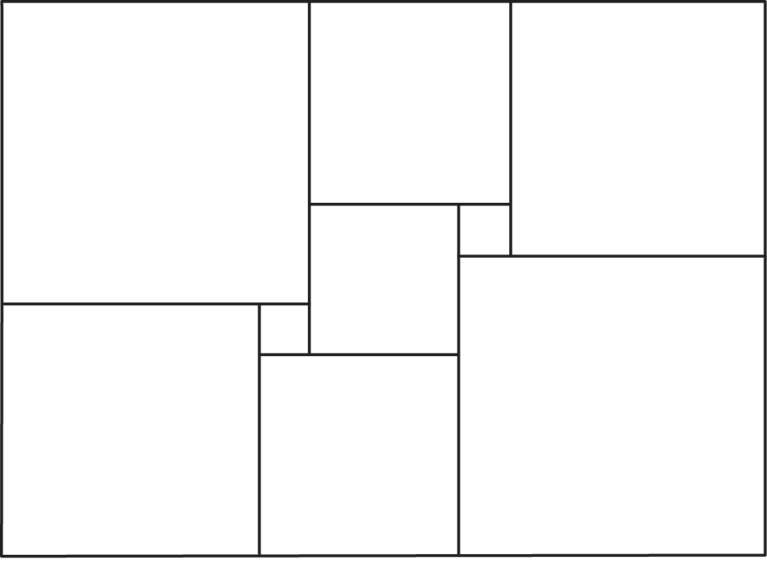 A rectangle tiled with squares of various sizes.