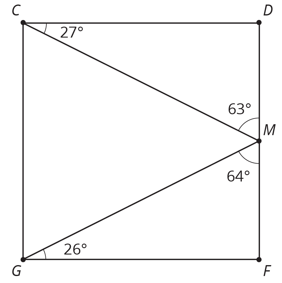Square C D F G. Point M lies on segment D F. Angle D C M, 27 degrees. Angle D M C, 63 degrees. Angle G M F, 64 degrees. Angle M G F, 26 degrees.