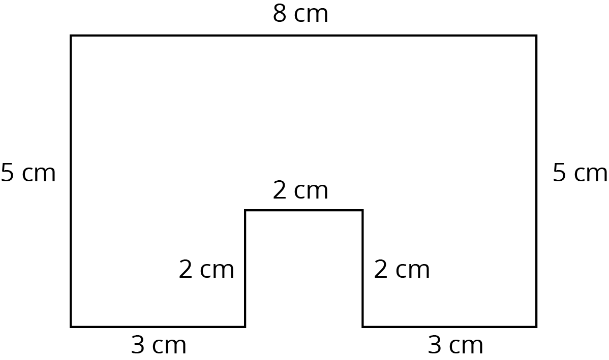 An 8-sided figure, all angles right, lengths, centimeters. From the first vertex, a segment extends 8 right, then 5 down, then 3 left, then 2 up, then 2 left, then 2 down, then 3 left, then 5 up.