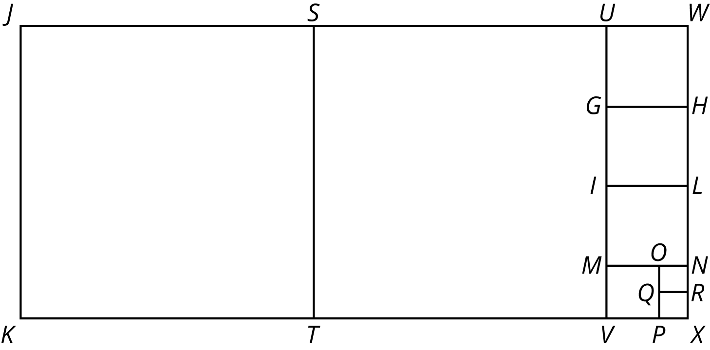 Tiling of rectangle KXWJ with 2 large squares, 3 medium squares, 1 small square, and 2 tiny squares.