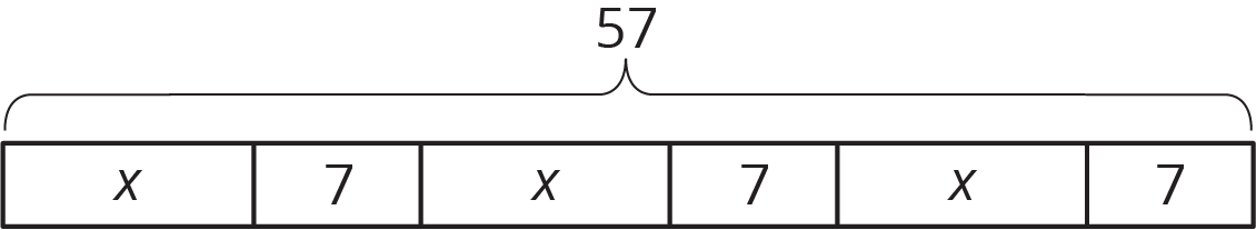 Tape diagram, 6 parts, x, 7, x, 7, x, 7, total 57.