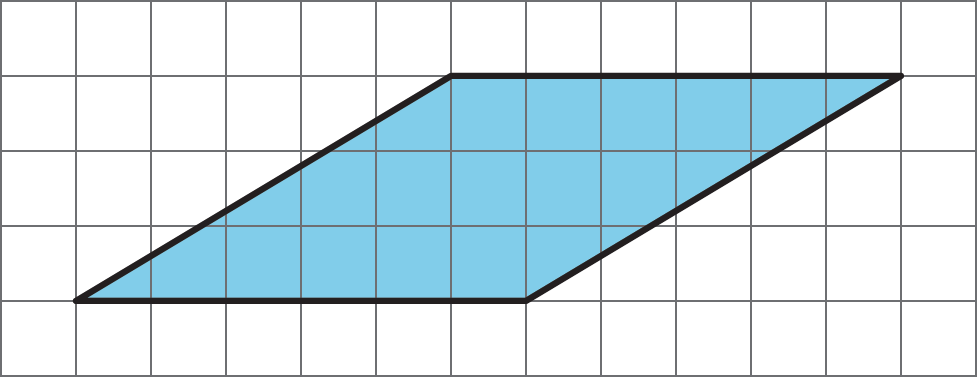 A parallelogram in a grid. The parallelogram has a base of 6 units and a height of 3 units.