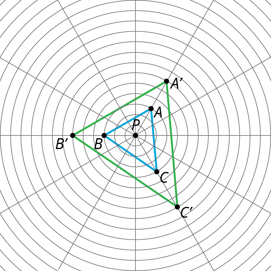 Point P, triangle A B C and its image triangle A prime B prime and C prime.