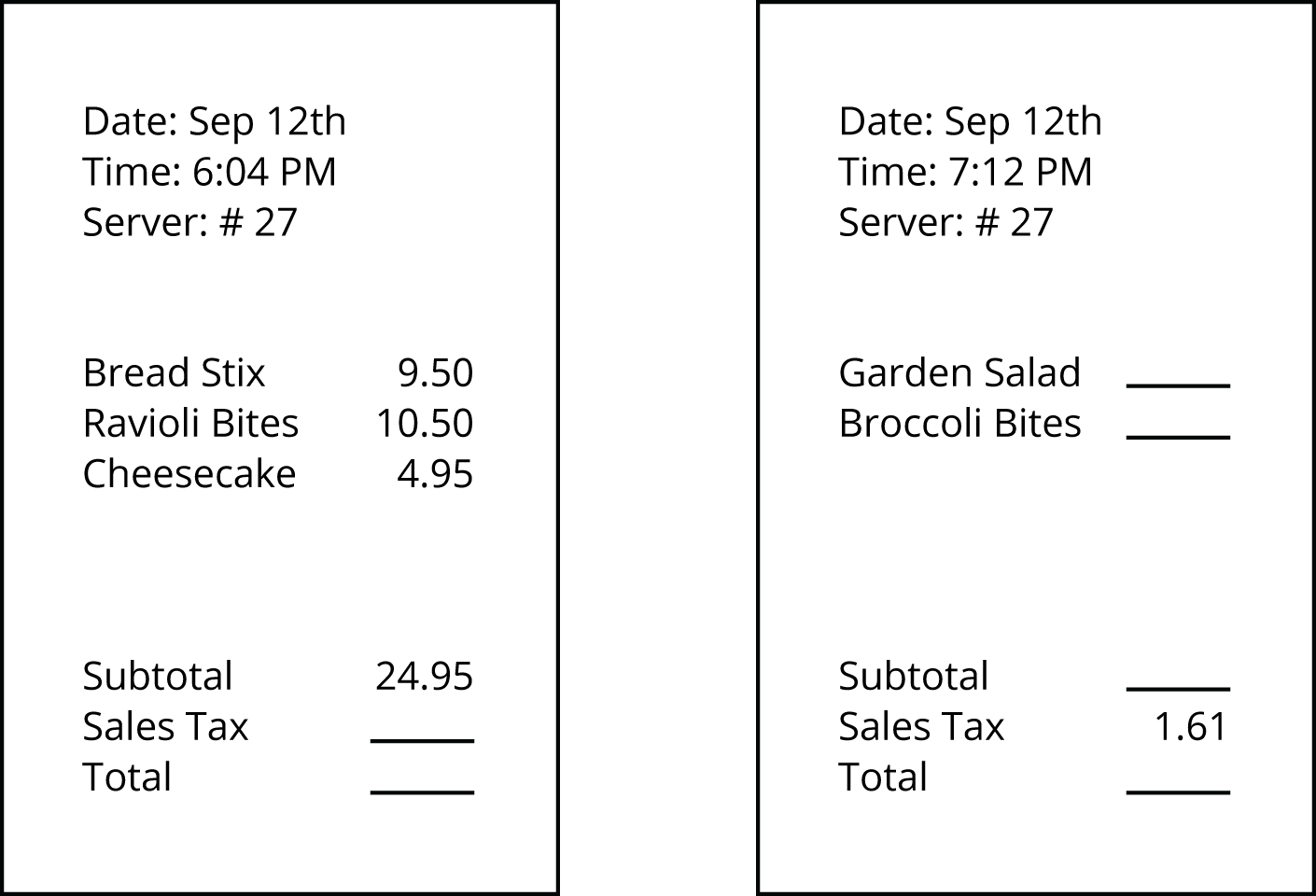 Two printed receipts with some information left blank.