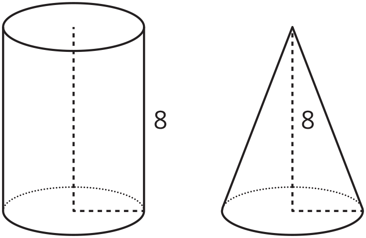 A right circular cylinder and a right circular cone. Both the cylinder and the cone have a height of 8.