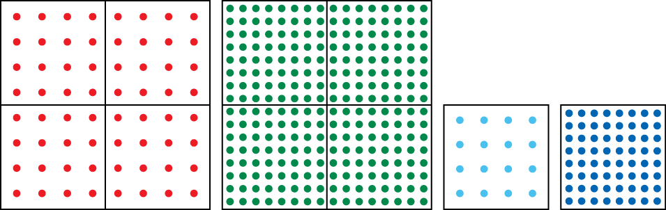 Two larger squares each divided into four smaller squares. Two smaller size squares.