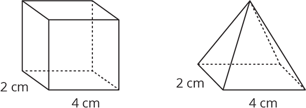 Two images. First, a rectangular prism, base 2 centimeters by 4 centimeters, height unknown. Second, a pyramid with rectangular base, 2 centimeters by 4 centimeters, height unknown.