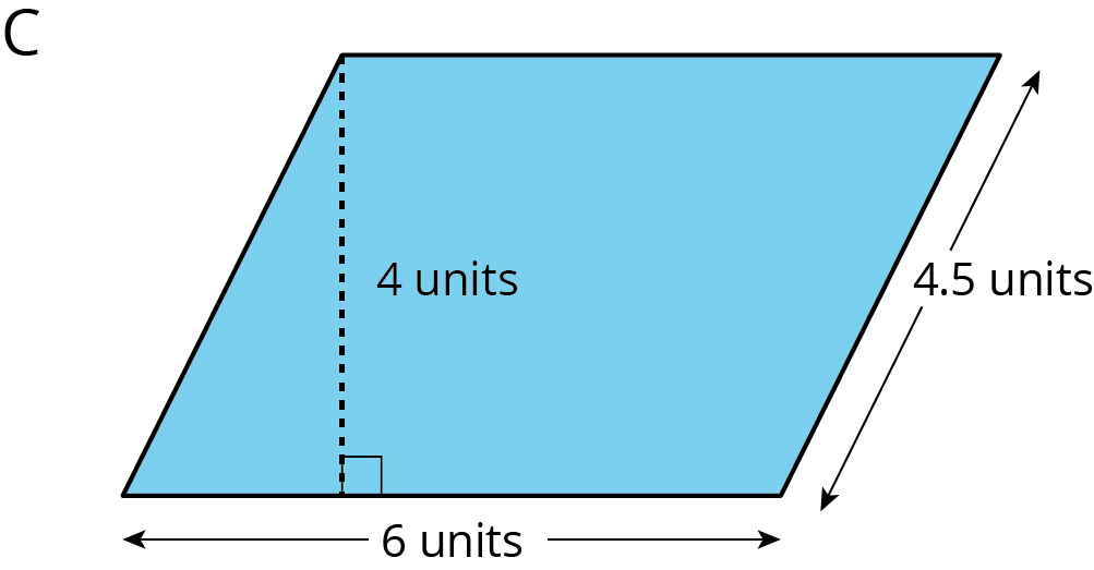 Parallelogram C has base 6, height 4, and diagonal length 4.5.