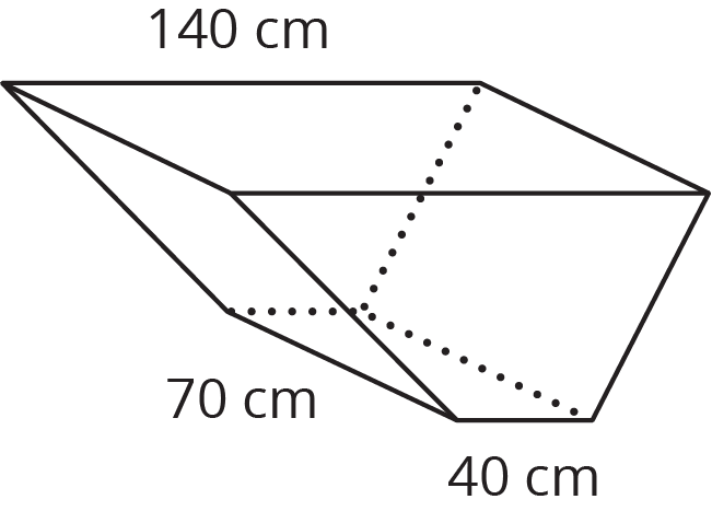 A trapezoidal prism with a bottom base width of 40 centimeters, top base width of 140 centimeters, and length of 70 centimeters is indicated.