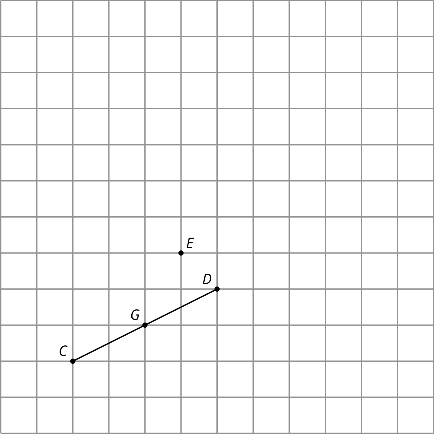 Point \(E\) and line segment \(\overline{ C\ D }\) with midpoint \(G\).