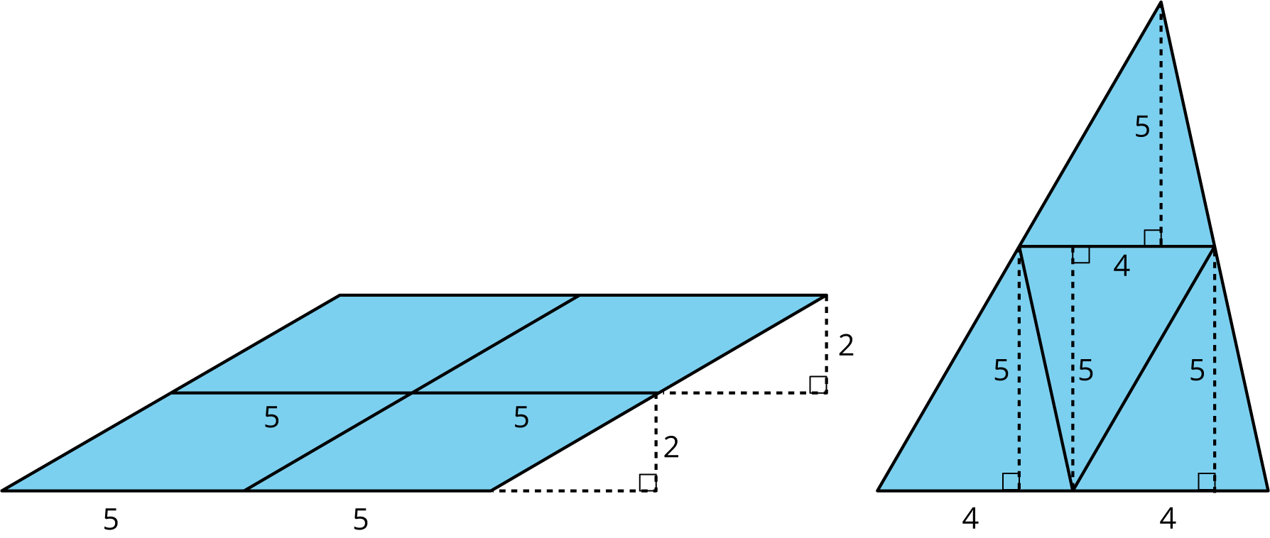 Parallelogram composed of four smaller parallelograms and triangle composed of four smaller triangles.