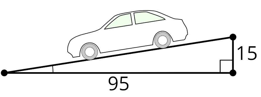 Car driving down right triangle ramp. Legs of right triangle are 15 and 95.