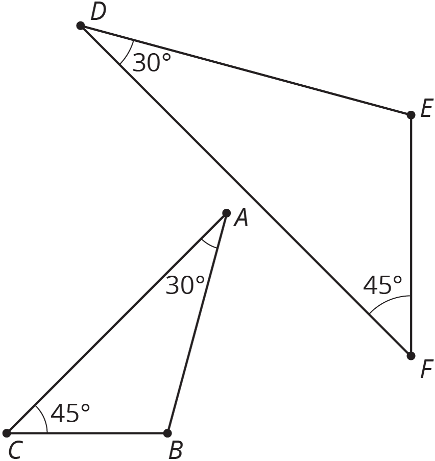 Two triangles. First, A, B C. Angle A, 30 degrees, angle C, 45 degrees. Second, D, E, F. Angle D, 30 degrees, angle F, 45 degrees.