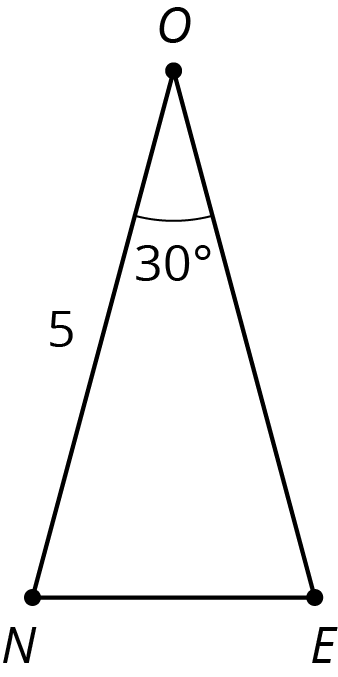 Triangle O N E. Angle N O E is labeled 30 degrees. Side O N is labeled 5.