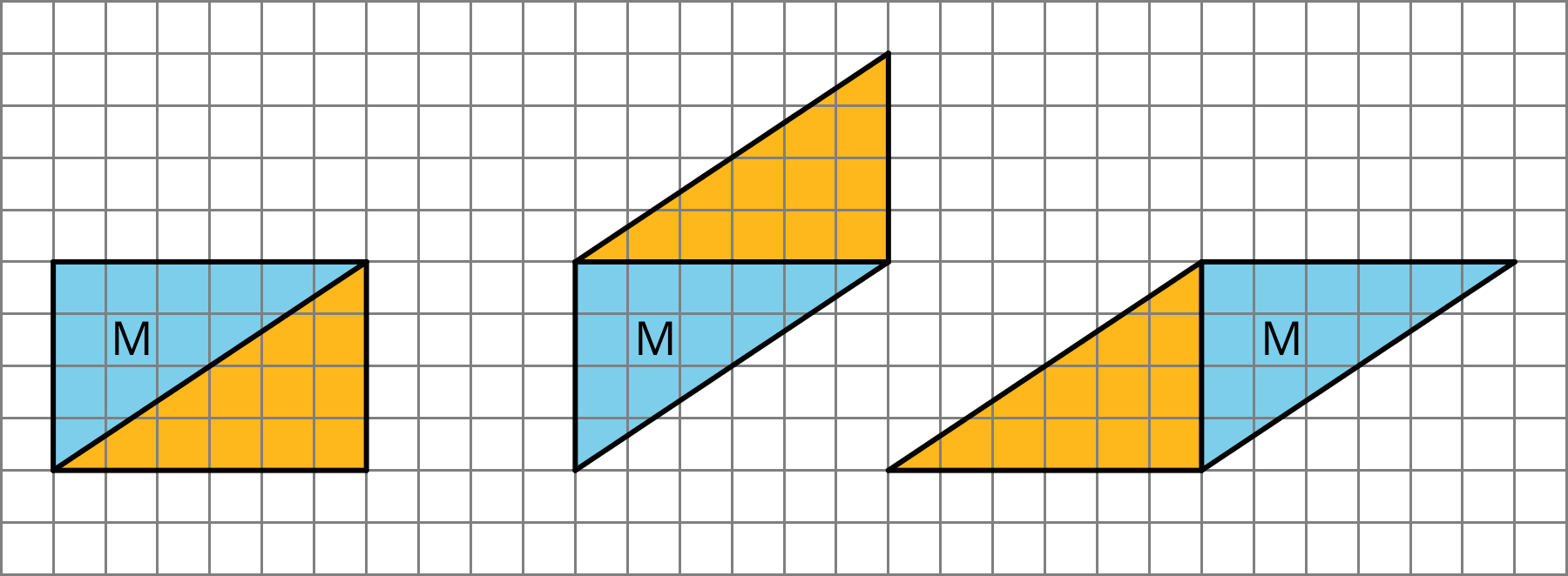 3 different parallelograms on a grid composed of Triangle M and a copy.