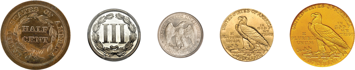 A photo of five different coins.