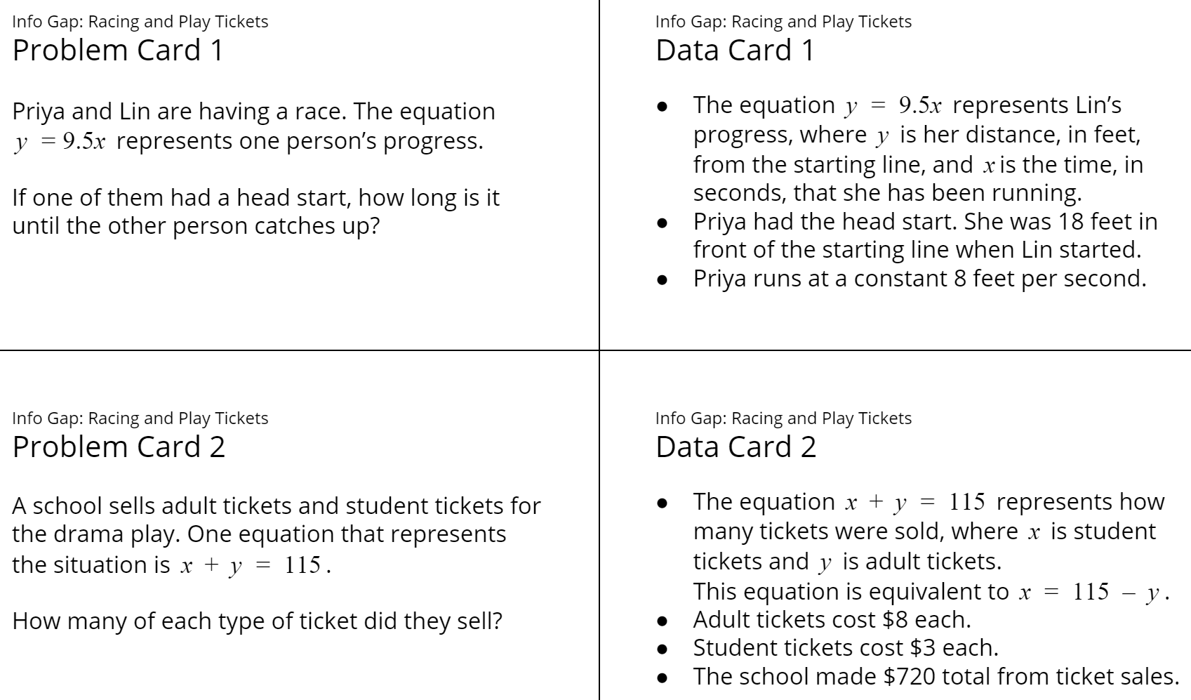 Two problem cards. 2 data cards.