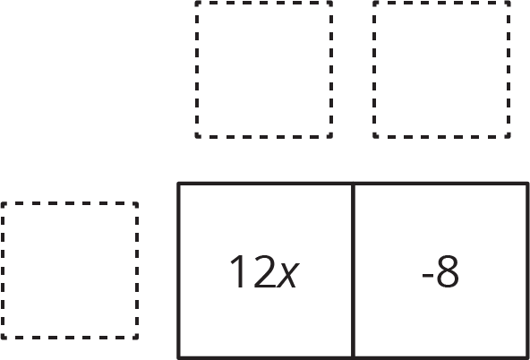 Area diagram, 1 row, 2 columns. Inside the diagram, starting wtih the first box, 12 x, negative 8. To the left of the row and above each column, blank boxes indicate missing labels.