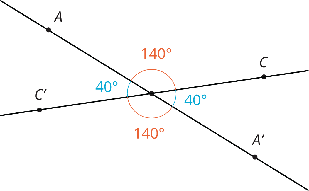 A pair of lines that intersect at point O. Two pairs of congruent vertical angles are labelled.