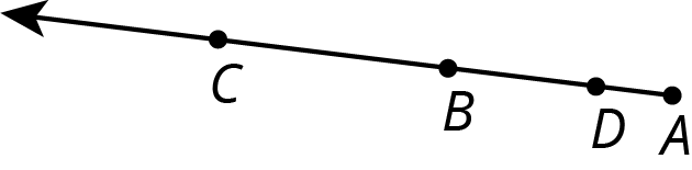 Ray A B. Point D is between A and B closer to A, and point C is to the left of point B. There is about the same distance between A and B as there is between C and B.