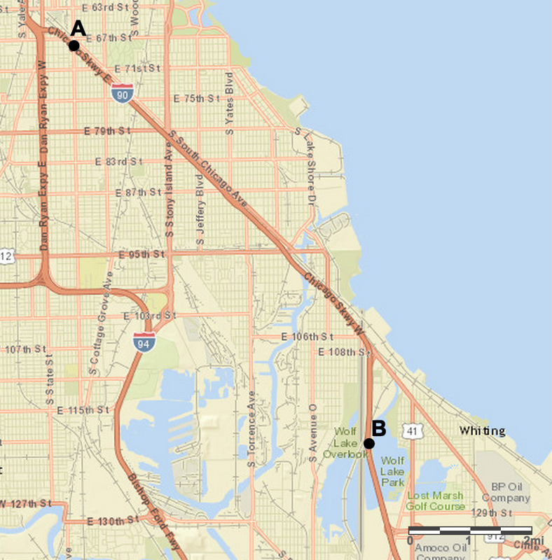 A map of the south side of Chicago showing points A and B marked along Interstate 90.
