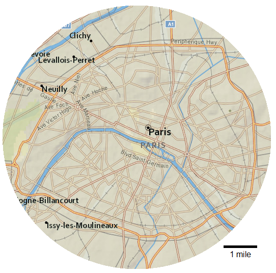 Map of the city of Paris, France.