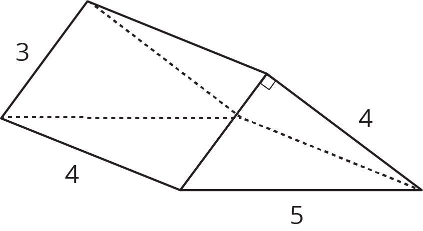 A triangular prism with a triangular base. The sides of the triangle have lengths of 3 and 4 units, and a hypotenuse with a length of 5 units. The height of the prism has a length of 4 units.