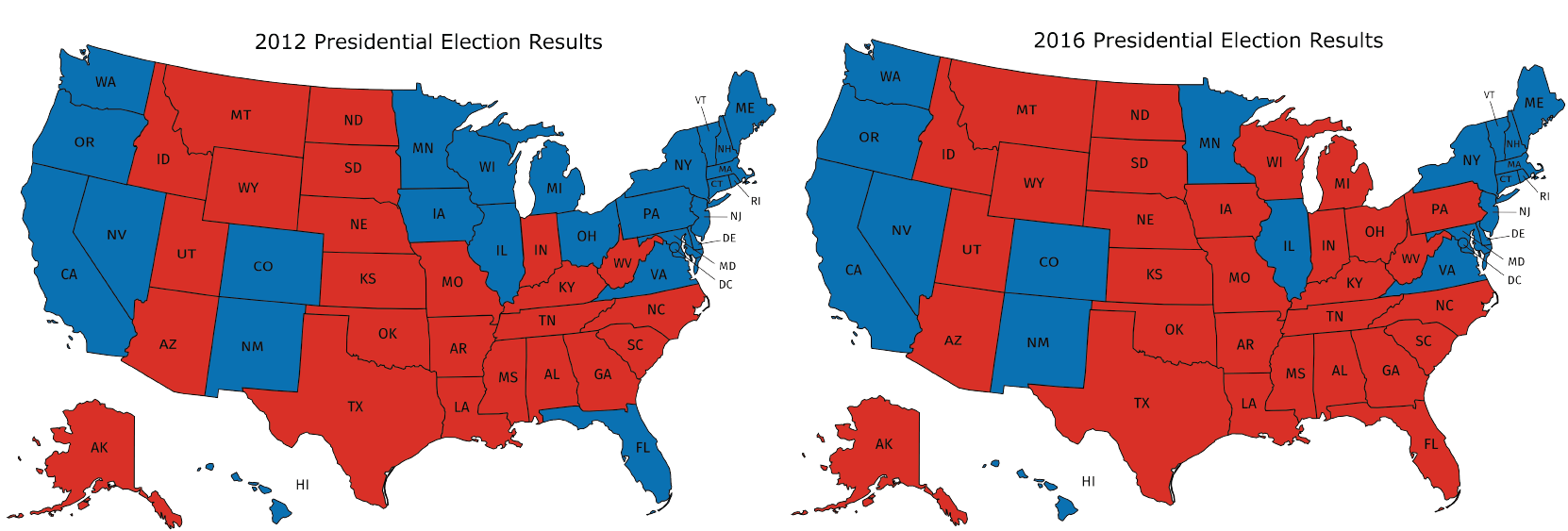 Two maps of the United States, 2012 and 2016, states colored red and blue according to election results. Please ask for further assistance.