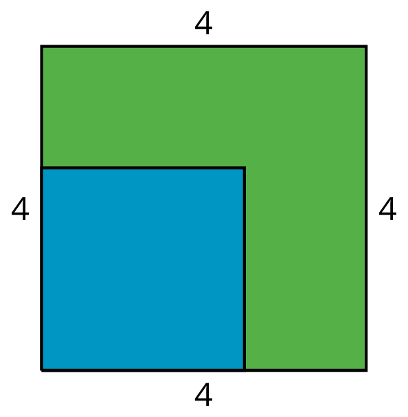 A green square, side length = 4. Blue square in bottom left corner of green square, side length = 2.5.