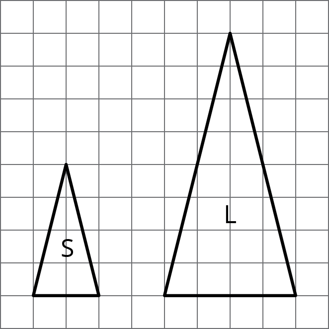 Two triangles labeled S and L on a grid. Triangle S has a horizontal base of 2 units and a height of 4 units. Triangle L has a horizontal base of 4 units and a height of 8 units.