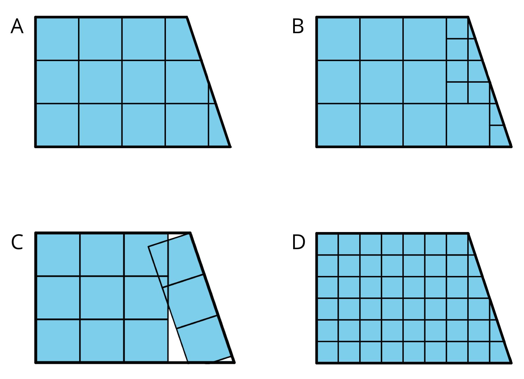 Four drawings that each show squares inside a shape.
