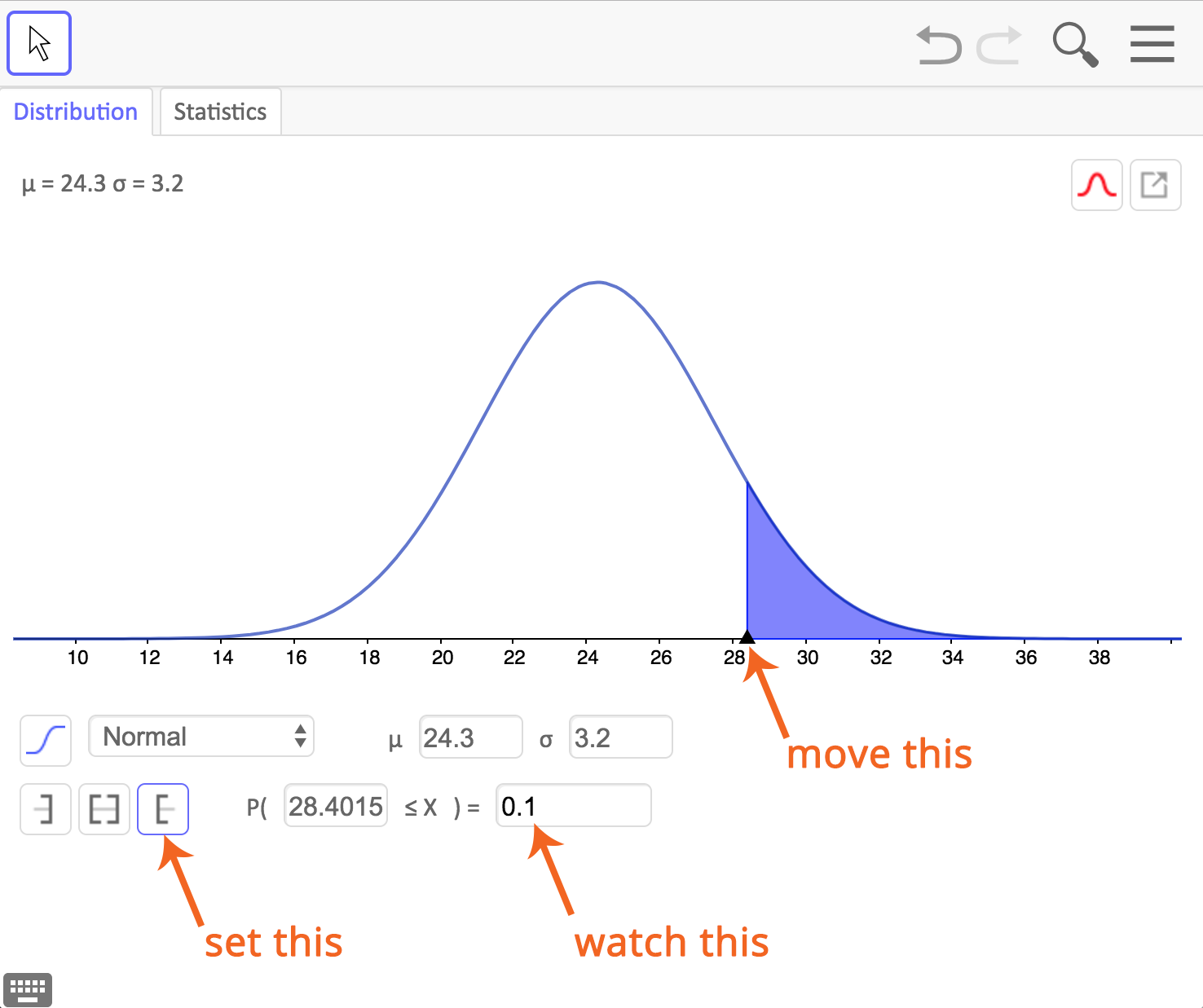 Image of geogebra probability calculator display.