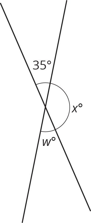 Two lines meet to form 4 angles, 35 degrees, x degrees, w degrees, blank.
