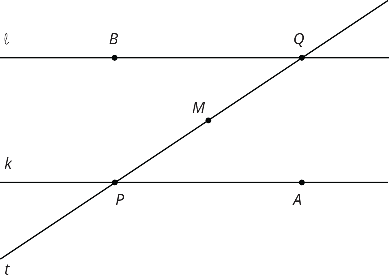 Line l contains points B and Q. Line k contains points P and A. Line t contains points P, M, and Q.