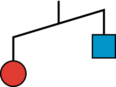 Unbalanced hanger, left side lower, left side, 1 red circle, right side, 1 blue square.